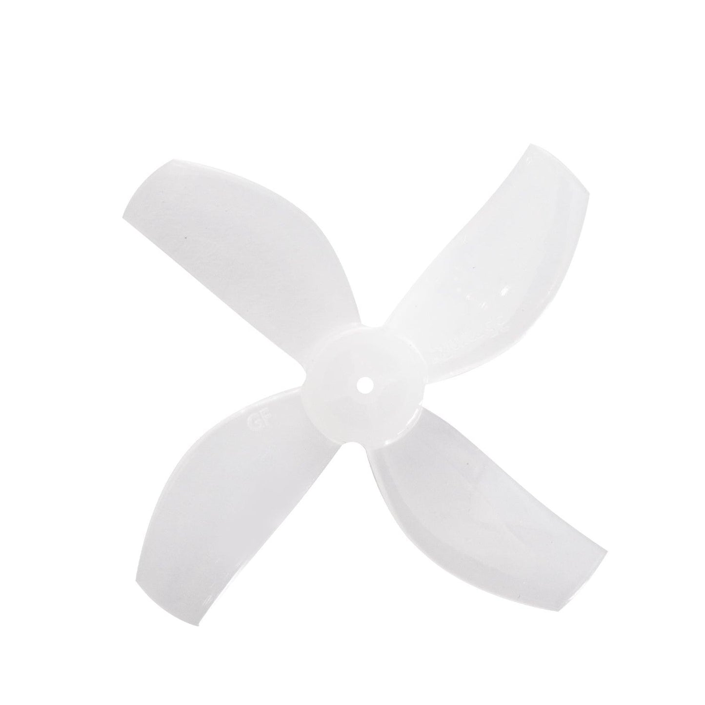 Translucent white 4-blade drone propeller, top view showing center mounting hole