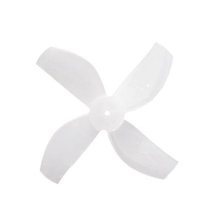 Translucent white 4-blade drone propeller, top view showing center mounting hole