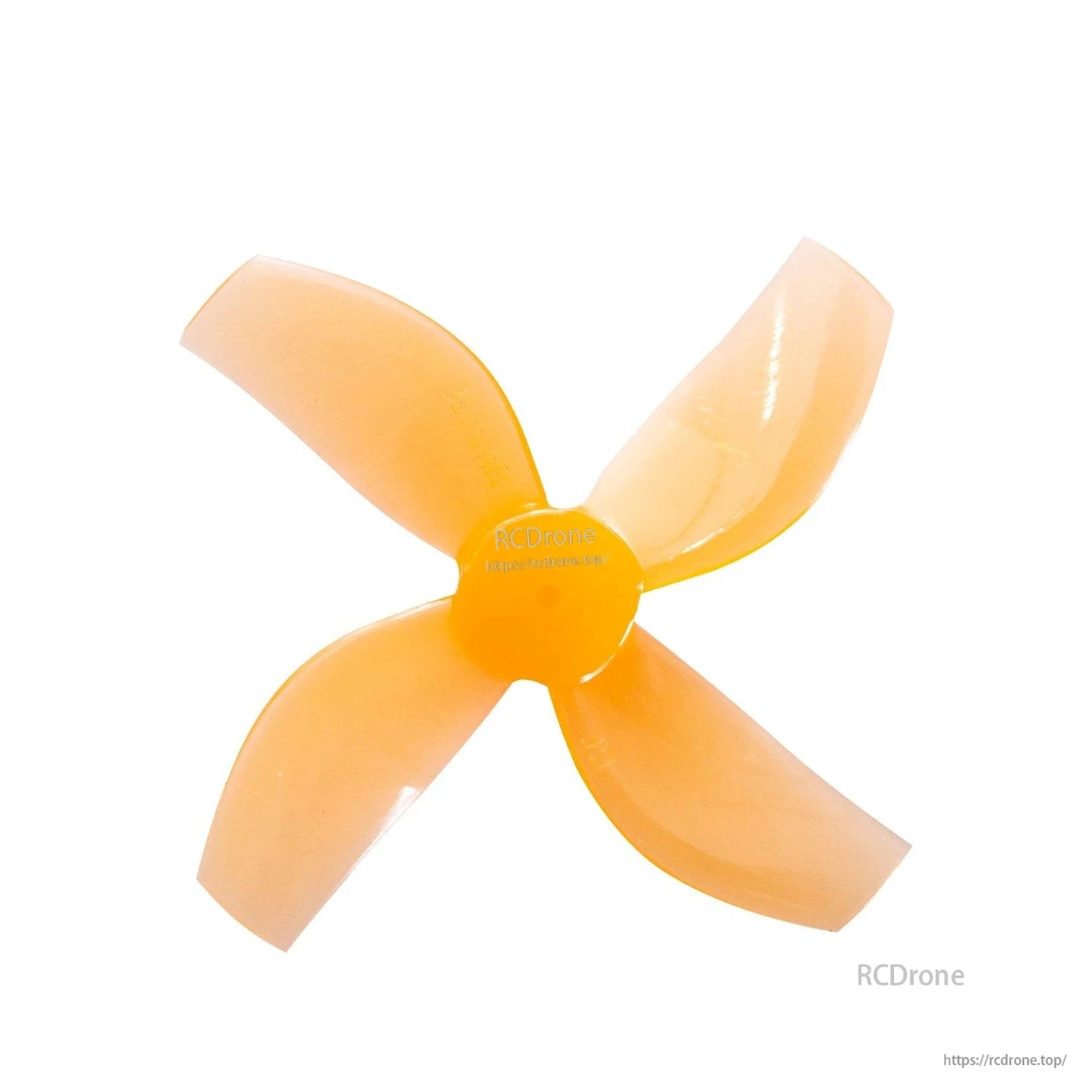 Orange 4-blade micro drone propeller, top-down view of blades and center hub