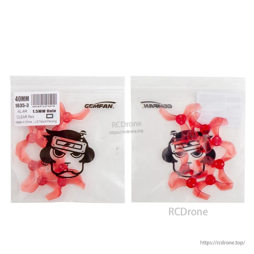 Gemfan propeller bags shown front and back, label reads 40MM 1635-3 4L4R 1.5mm hole clear red