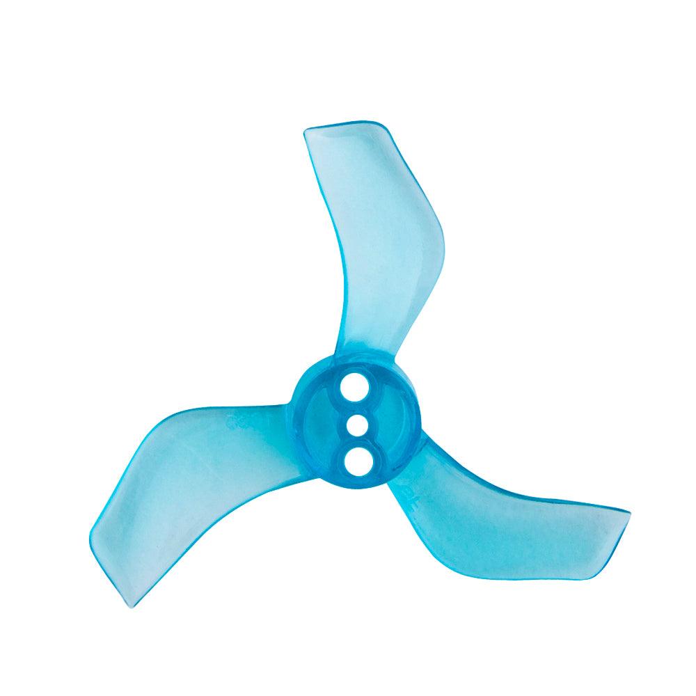 Translucent blue tri-blade propeller for micro drone, three-blade profile with three mounting holes
