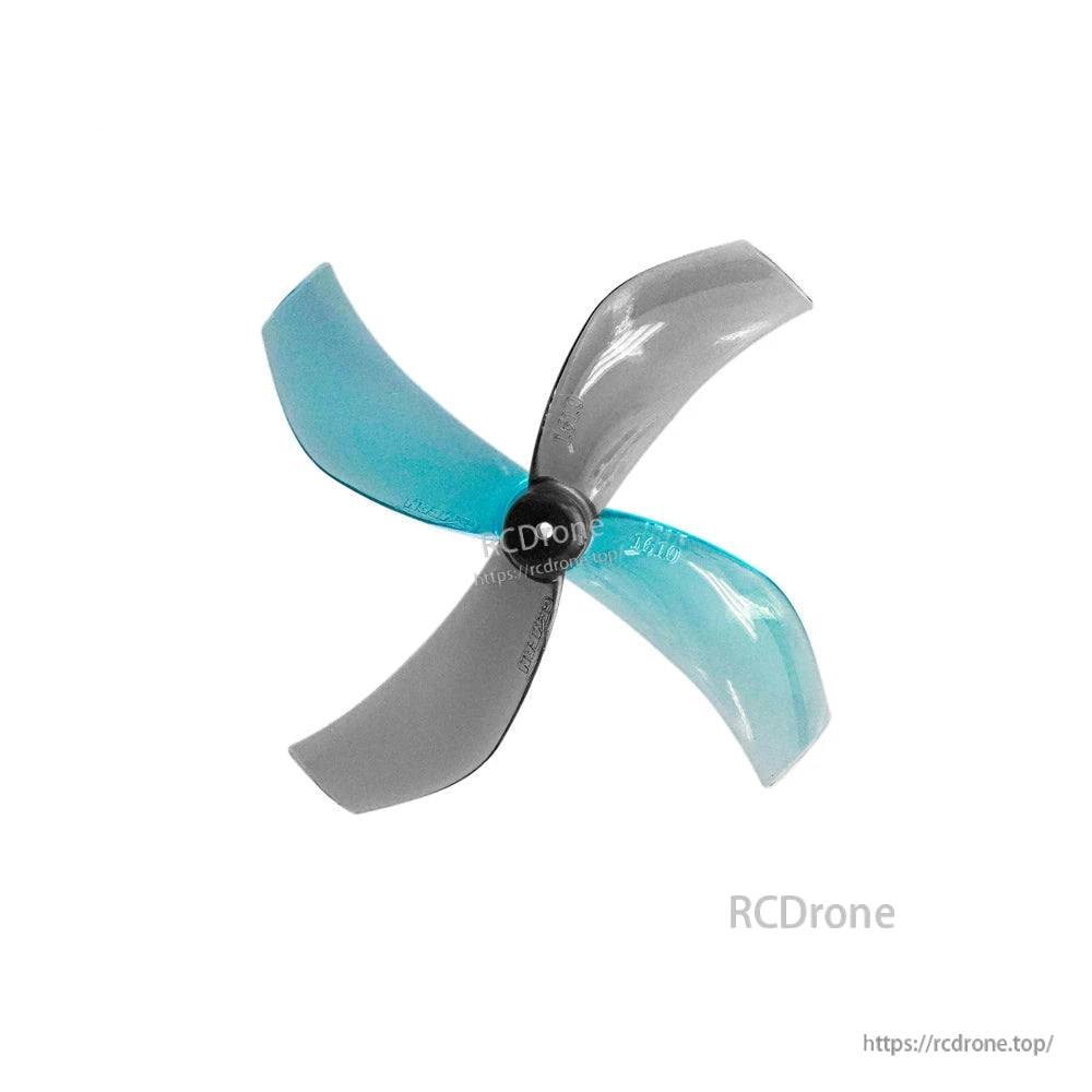 Gemfan 40mm 1610-2 2-Blade Propeller, Gemfan micro drone propeller with four curved blades in teal and gray, close-up on white background