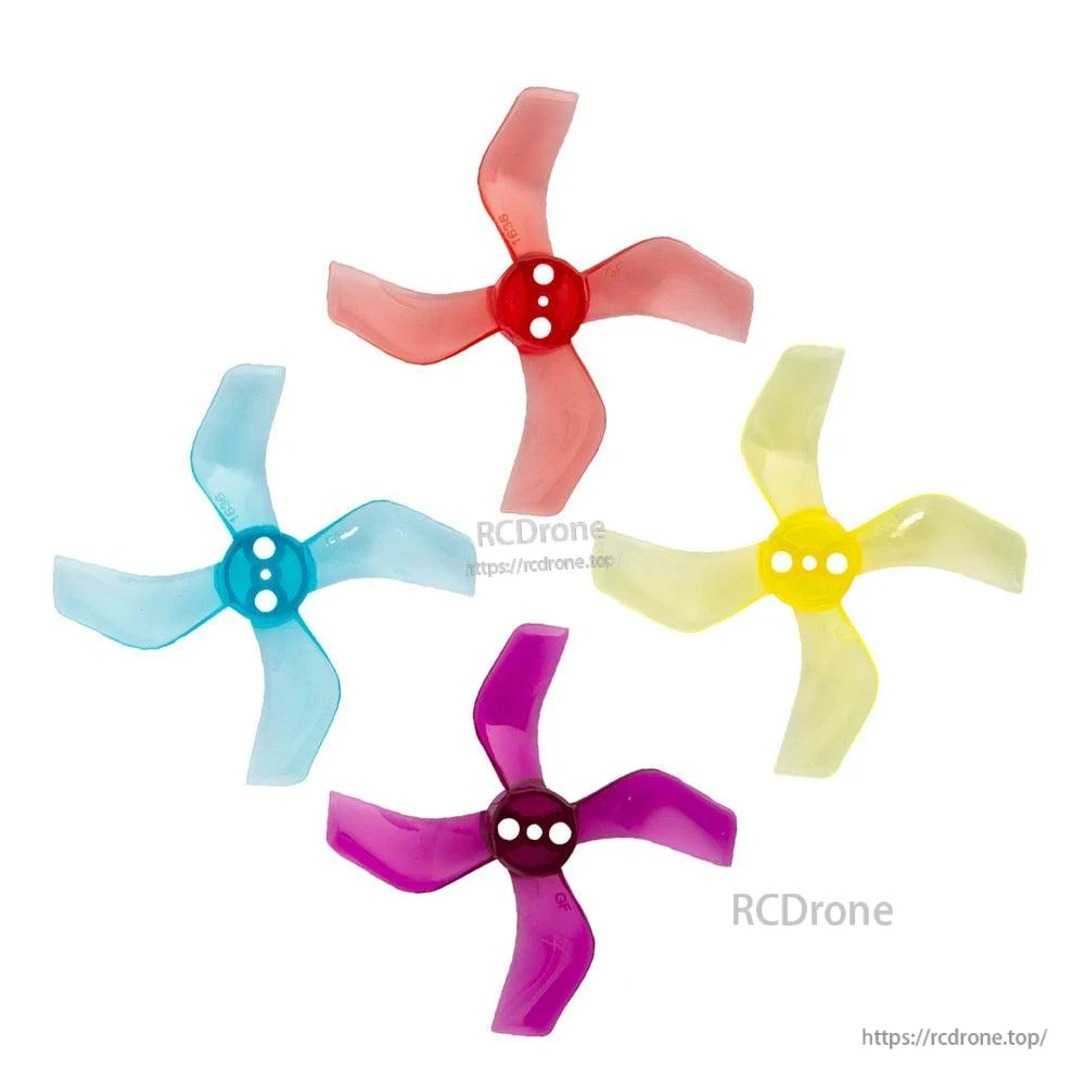 Gemfan 40mm 1636-4 4-blade propellers shown in four colors: red, blue, yellow, purple