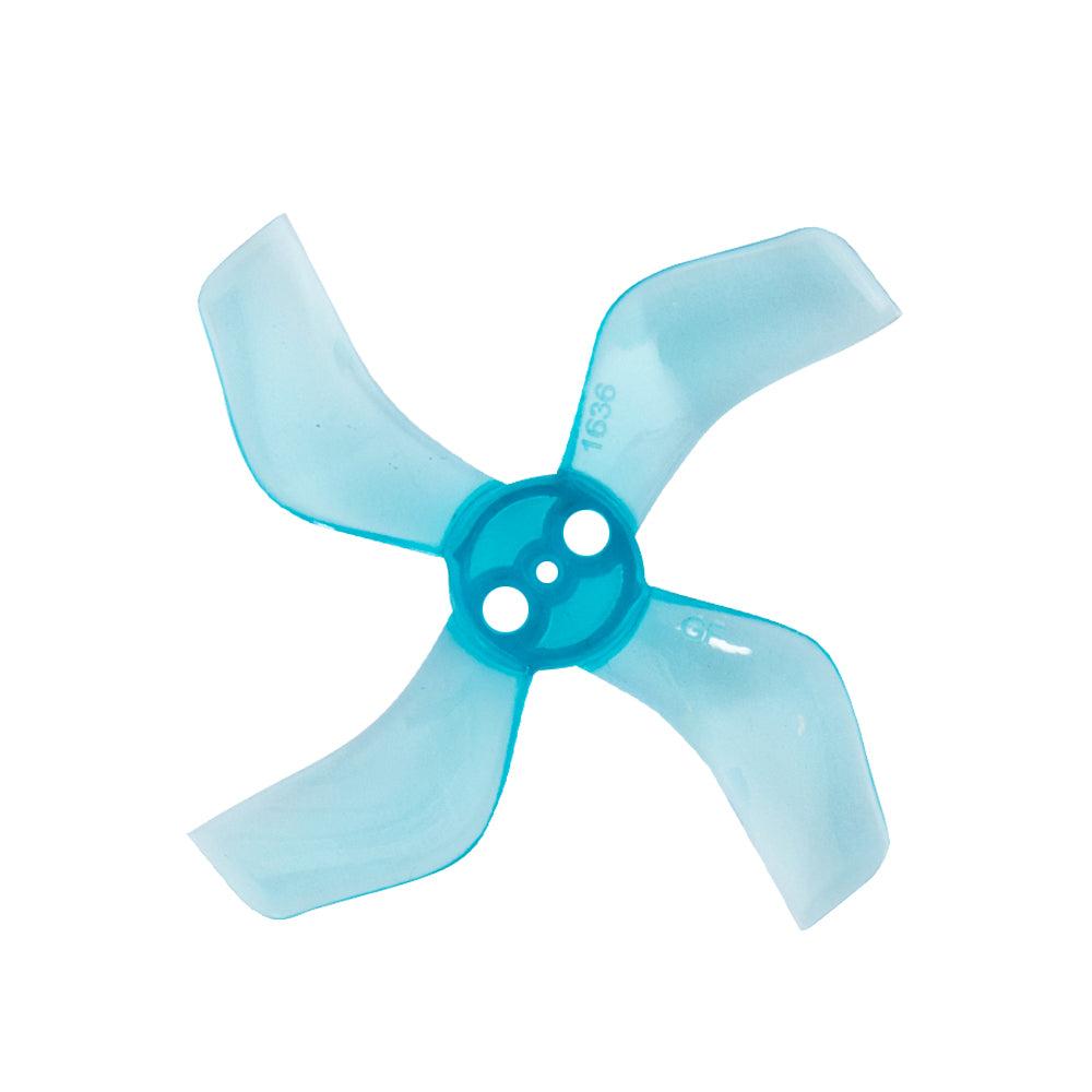 Translucent light blue 4-blade micro drone propeller, 1636 marking and three-hole hub