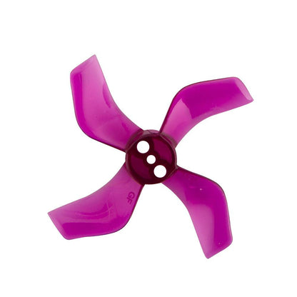 Translucent purple 4-blade micro quad propeller with three-hole hub, top view