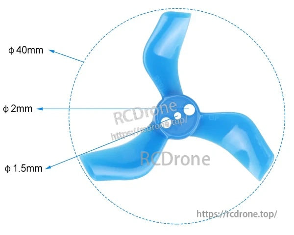 Close-up of blue 40mm 3-blade prop with labeled 1.5mm shaft hole and 2mm marked diameter
