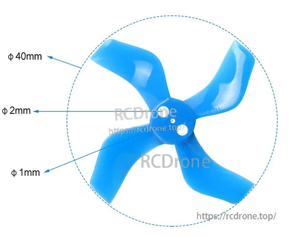 Gemfan 40mm 4-blade propeller dimensions: 40mm diameter, 2mm hub, 1.0mm shaft inner diameter