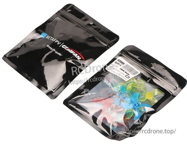 BETAFPV x Gemfan retail packaging with multi-color 40mm 4-blade whoop propellers inside