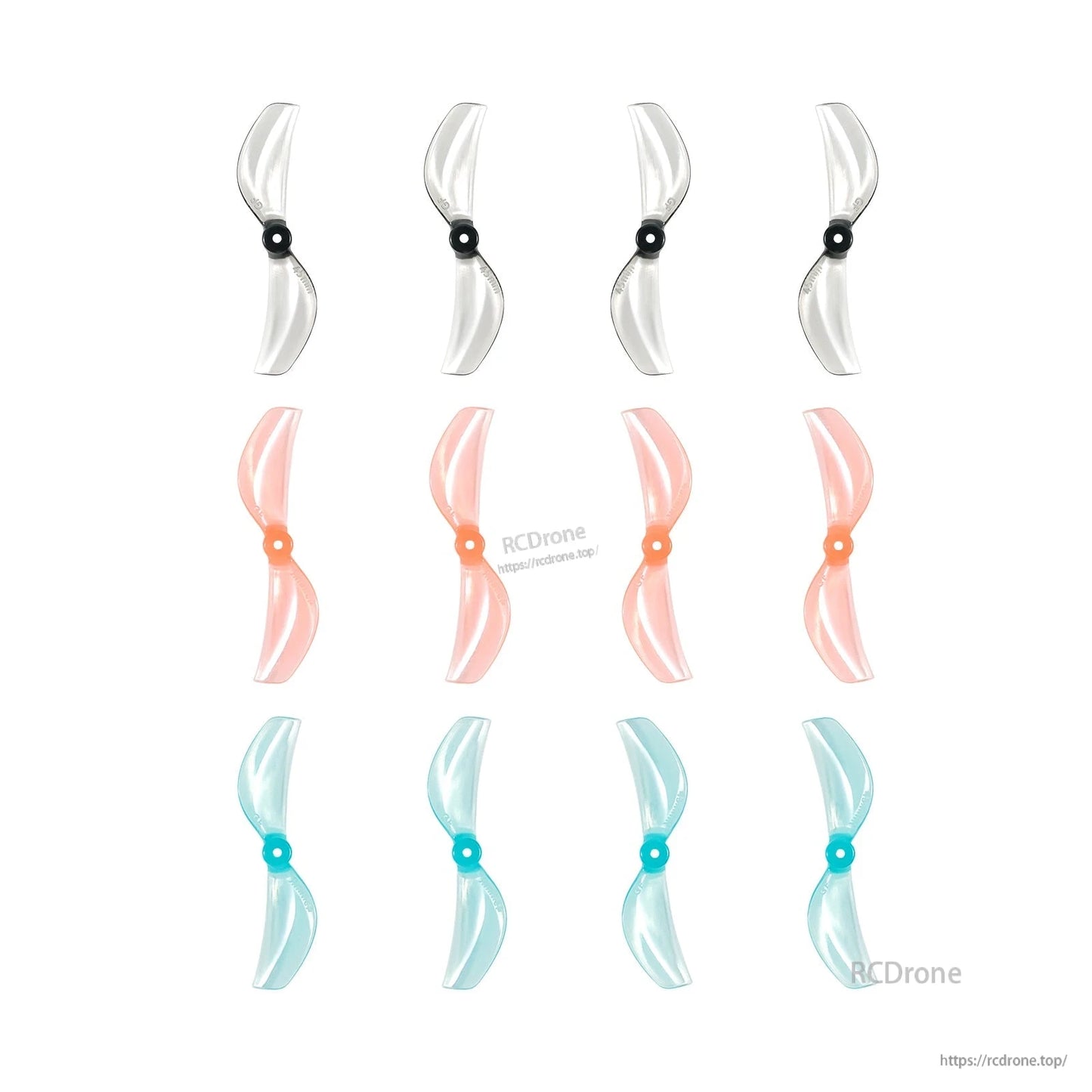 Two-blade propellers assortment in clear, peach, and cyan colors shown in pairs