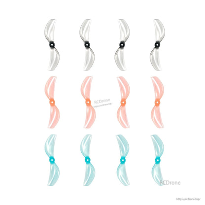 Two-blade propellers assortment in clear, peach, and cyan colors shown in pairs