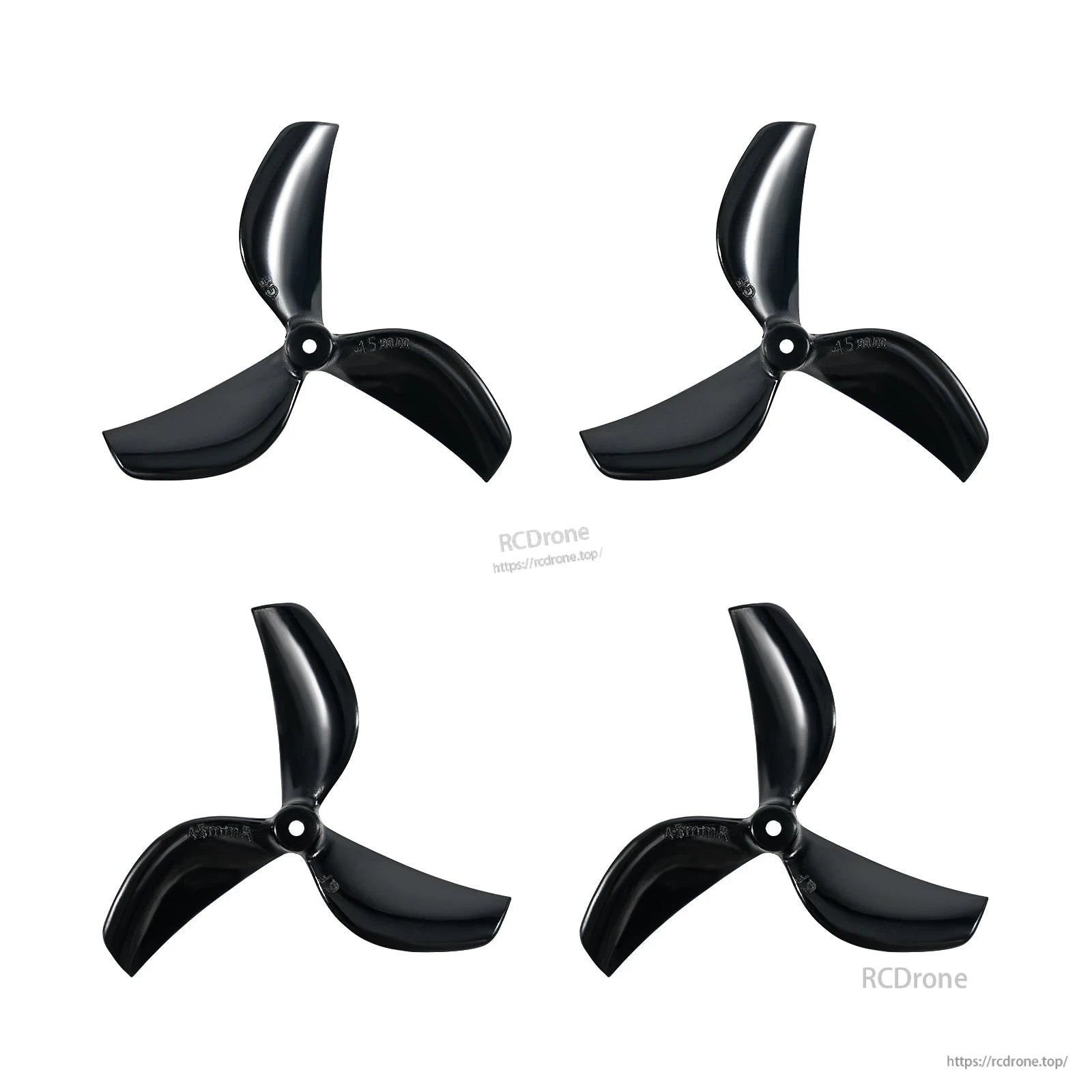 Black 45mm three-blade propellers shown in four-pack arrangement, alternate orientation