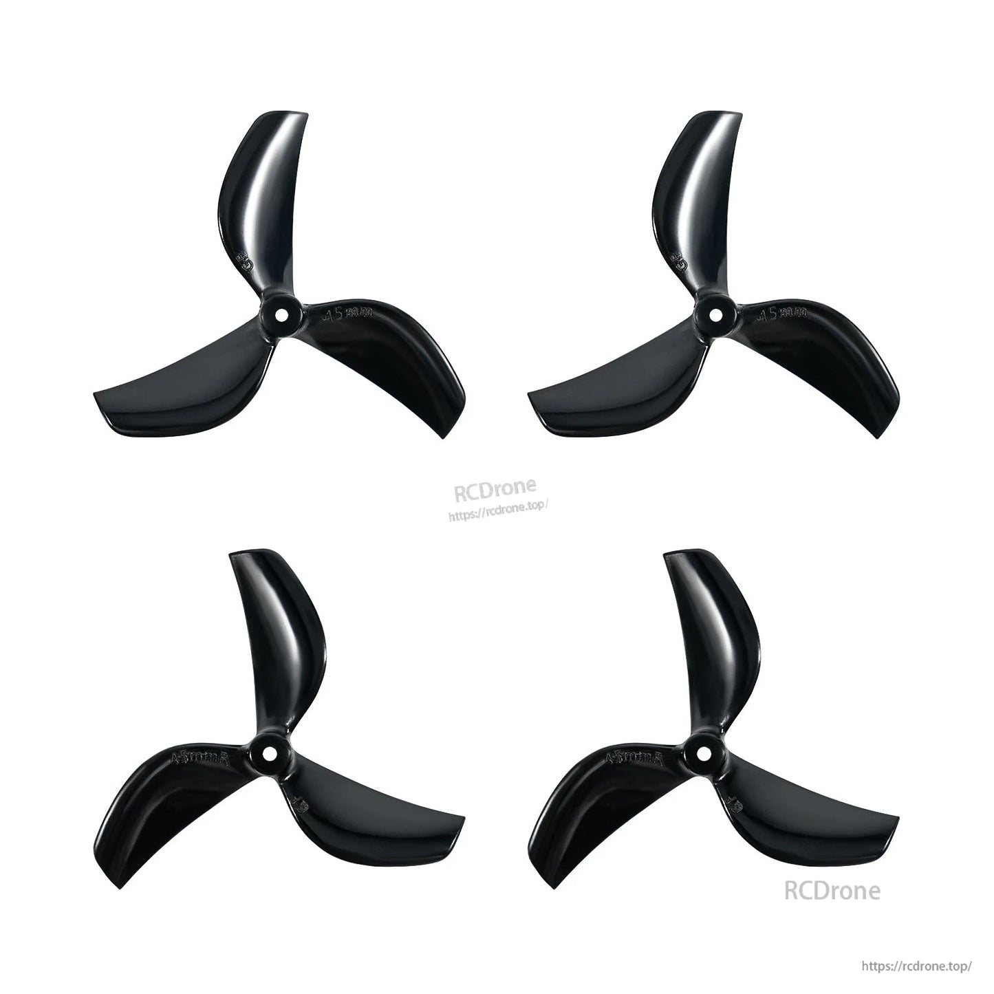 Black 45mm three-blade whoop propellers, 4-piece set with hub hole detail