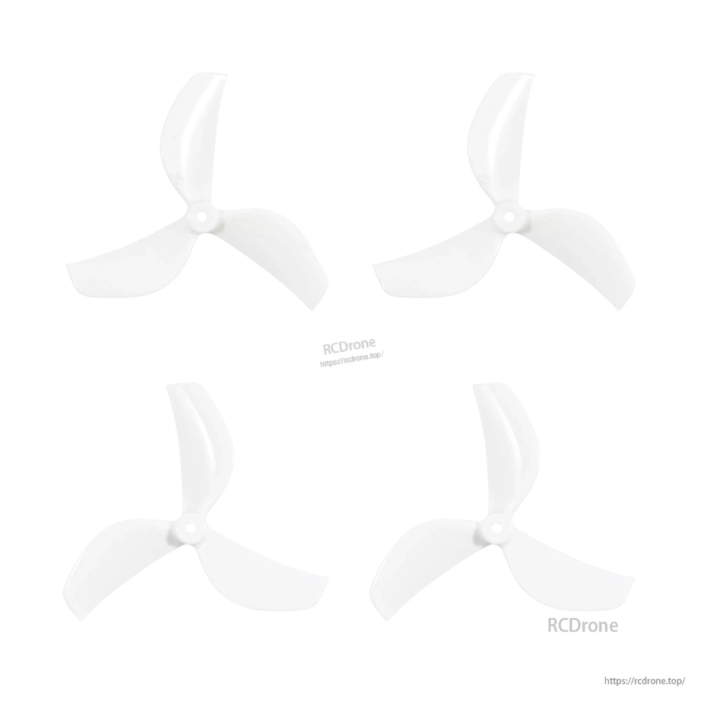 White 45mm three-blade FPV whoop propellers, 4-piece set on white background