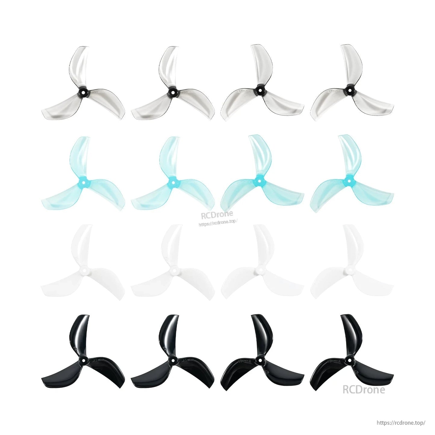 Three-blade propeller assortment in clear, cyan, white, and black colors shown in grid