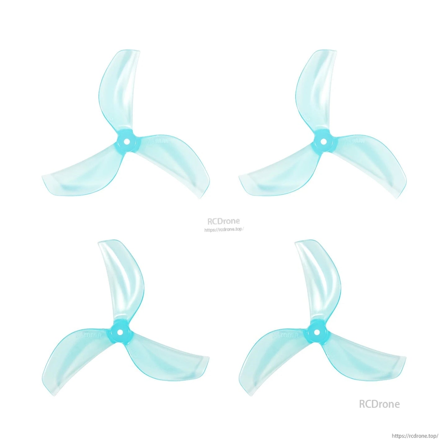 Cyan translucent 45mm three-blade whoop propellers, 4-piece set layout