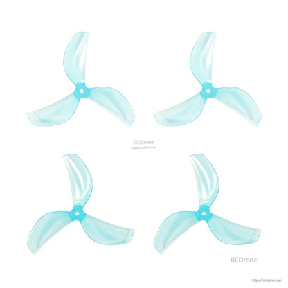 Cyan translucent 45mm three-blade whoop propellers, 4-piece set layout