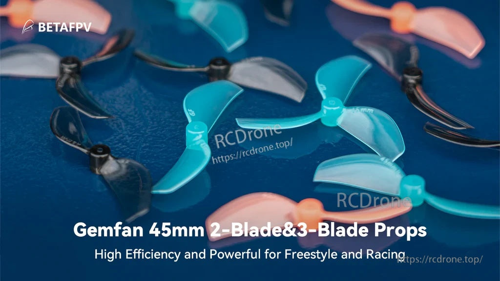 Gemfan 45mm 2-blade and 3-blade FPV whoop propellers, 1.5mm shaft bore, multiple colors
