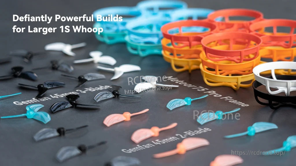 Gemfan 45mm whoop props alongside ducted whoop frames, sized for larger 1S FPV builds