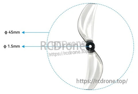 2-blade propeller sizing graphic: 45mm diameter with 1.5mm center shaft hole