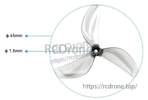 3-blade propeller sizing graphic: 45mm diameter with 1.5mm shaft bore for whoop motors