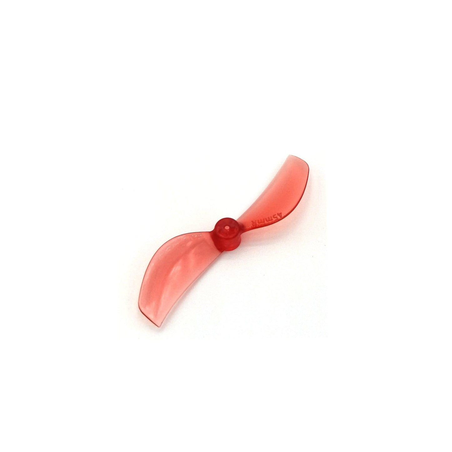 Red 2-blade propeller with T-mount center hub, angled view showing blade curvature