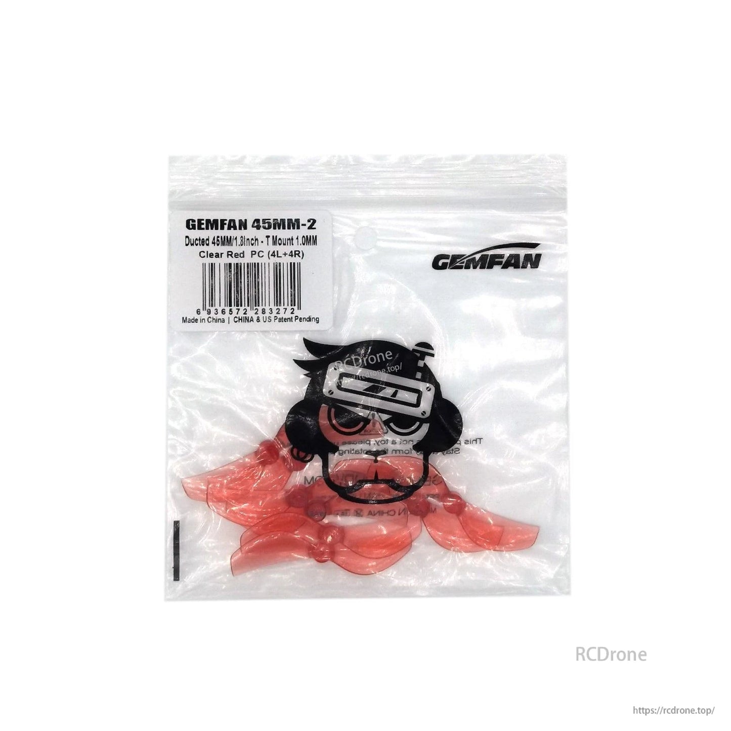Gemfan 45mm-2 propellers in retail bag, red set with product label and barcode