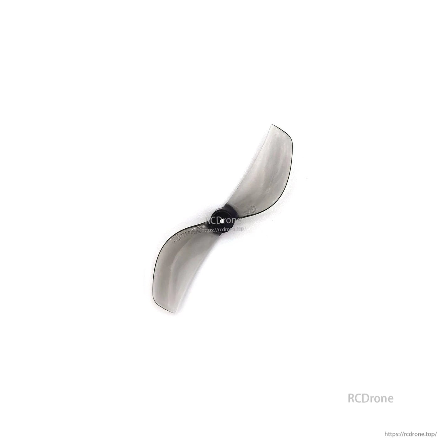Smoke gray 2-blade propeller with T-mount hub, top view on white background