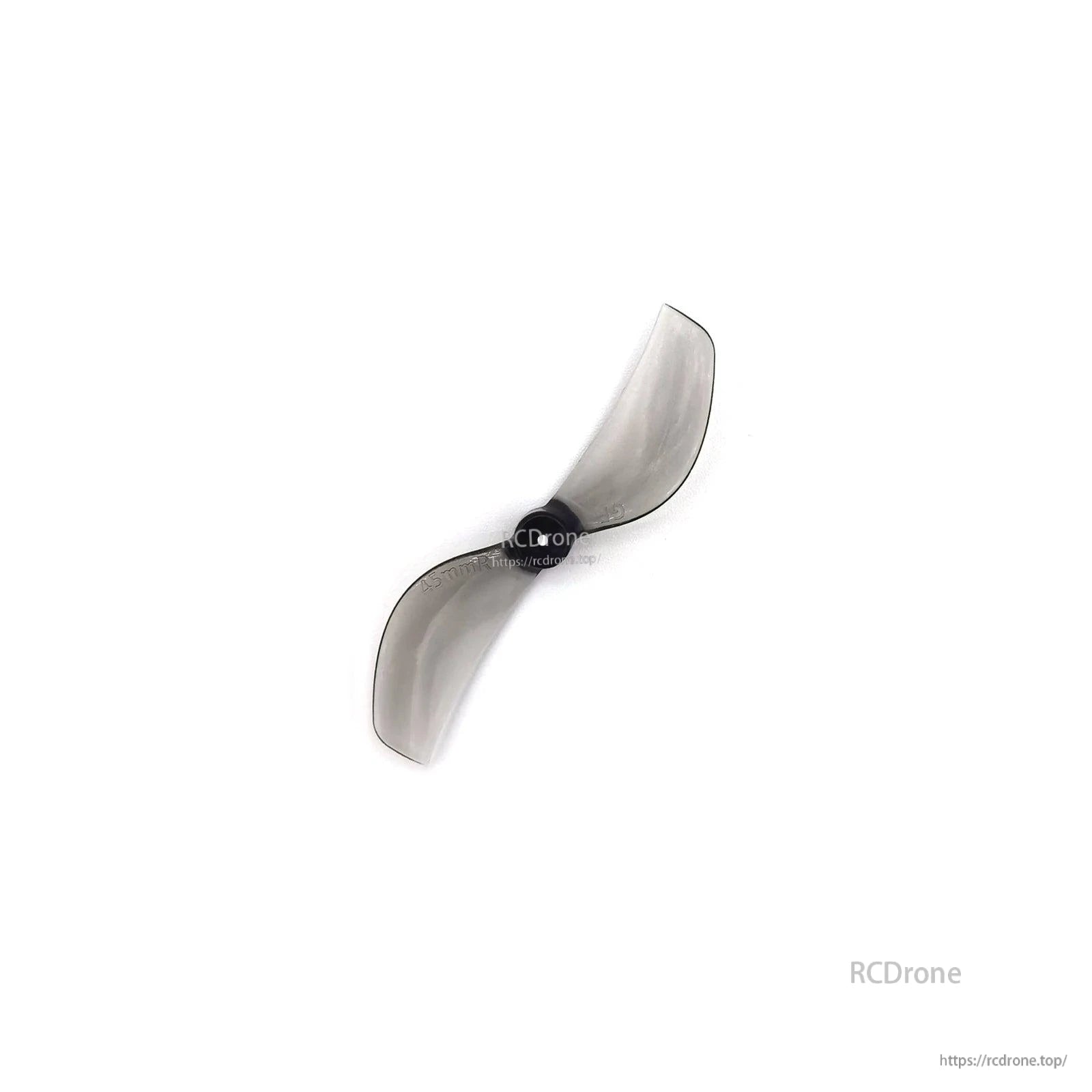 Smoke gray 2-blade propeller with T-mount hub, top view on white background