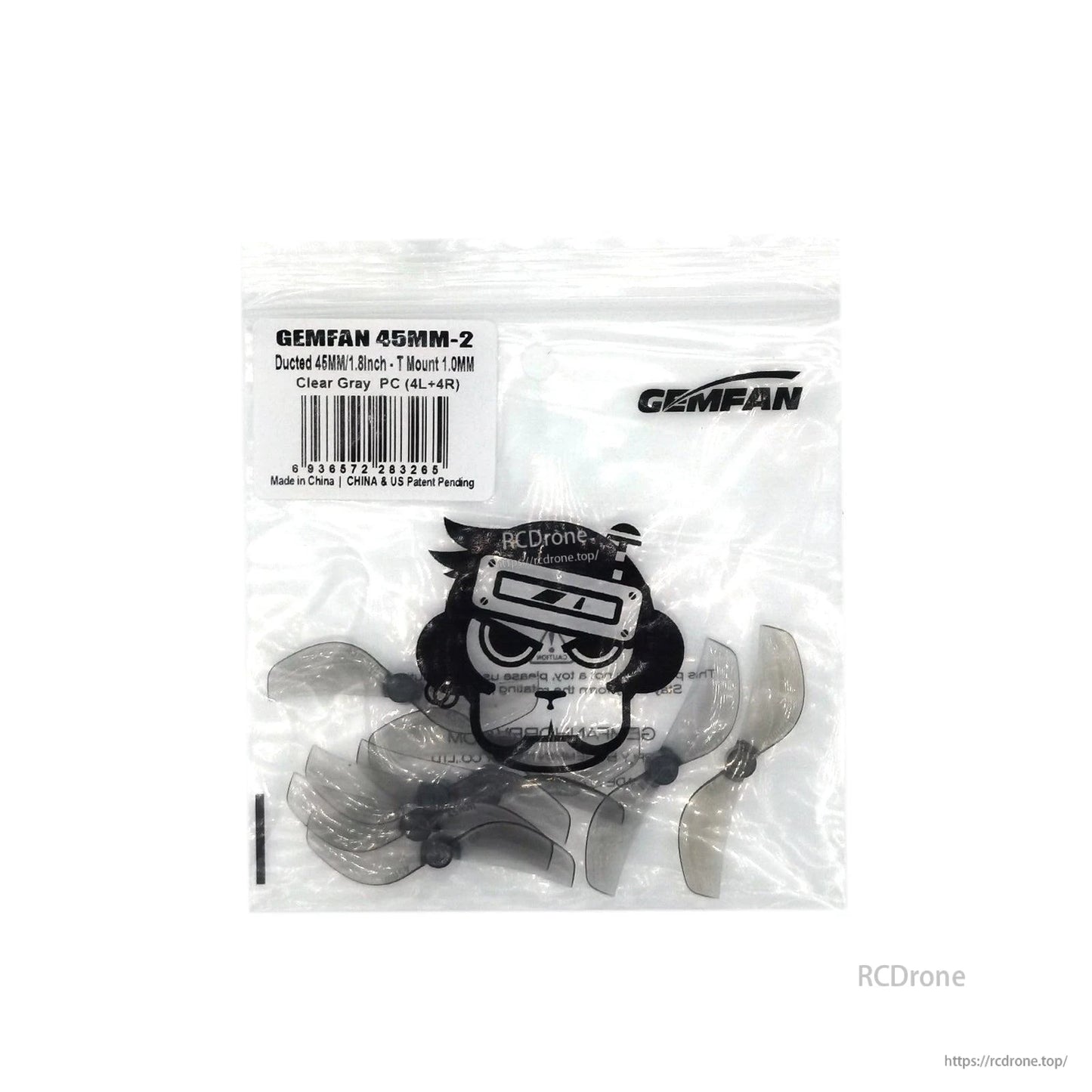 Retail bag of Gemfan 45mm-2 propellers, clear gray set with label and barcode
