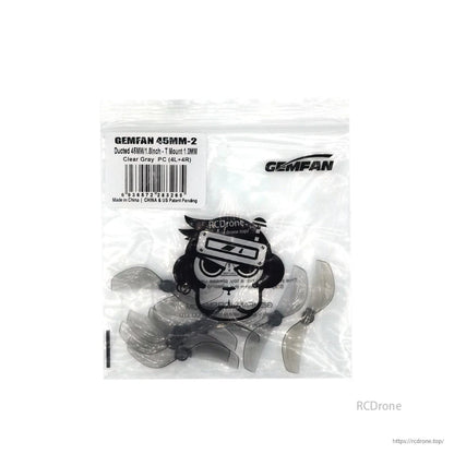 Retail bag of Gemfan 45mm-2 propellers, clear gray set with label and barcode