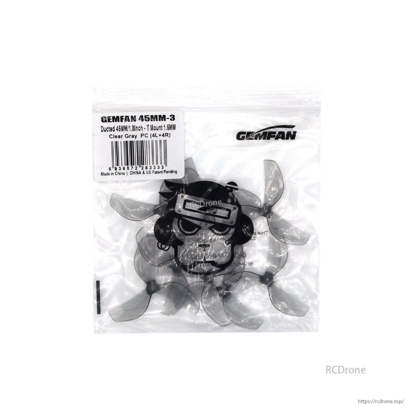Gemfan 45mm-3 propeller bag with label, clear gray translucent 3-blade props inside