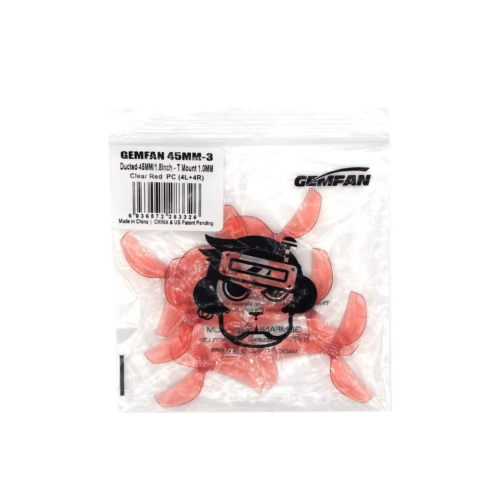 Gemfan 45mm-3 propeller bag with label and translucent red tri-blade props inside