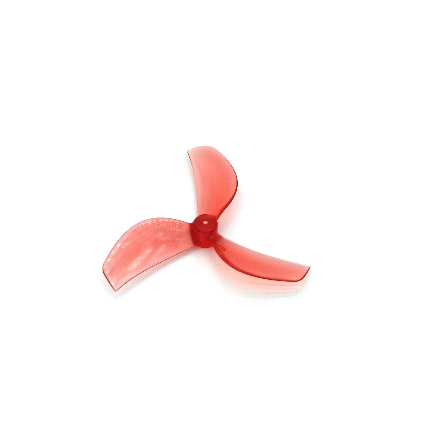 Translucent red 3-blade micro drone propeller, angled view showing blade curvature and hub