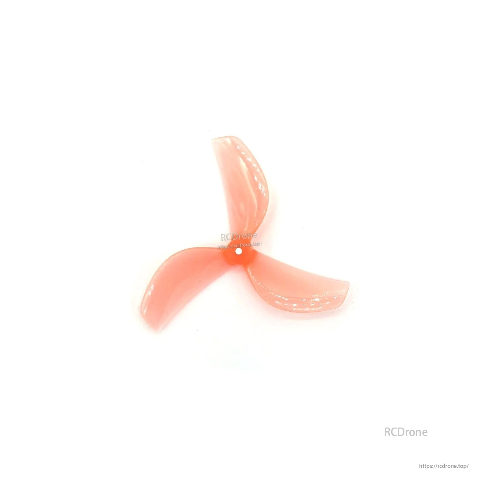 Light translucent pink/red 3-blade propeller, centered top view on white background