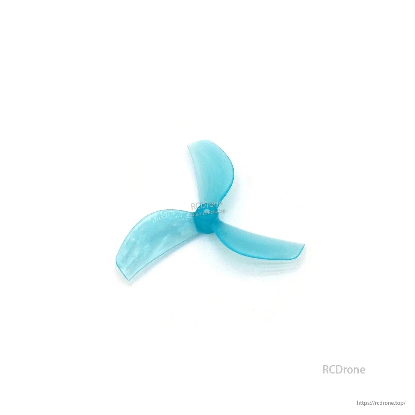 Blue translucent 3-blade propeller, angled view showing blade shape and hub opening
