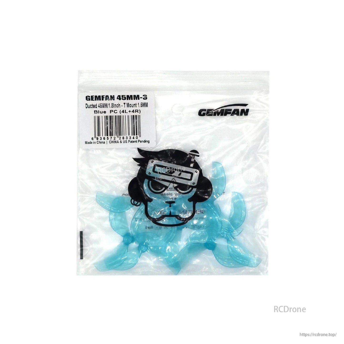 Gemfan 45mm-3 propeller packaging with label, blue translucent tri-blade props inside bag