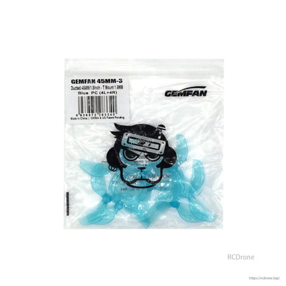 Gemfan 45mm-3 propeller packaging with label, blue translucent tri-blade props inside bag