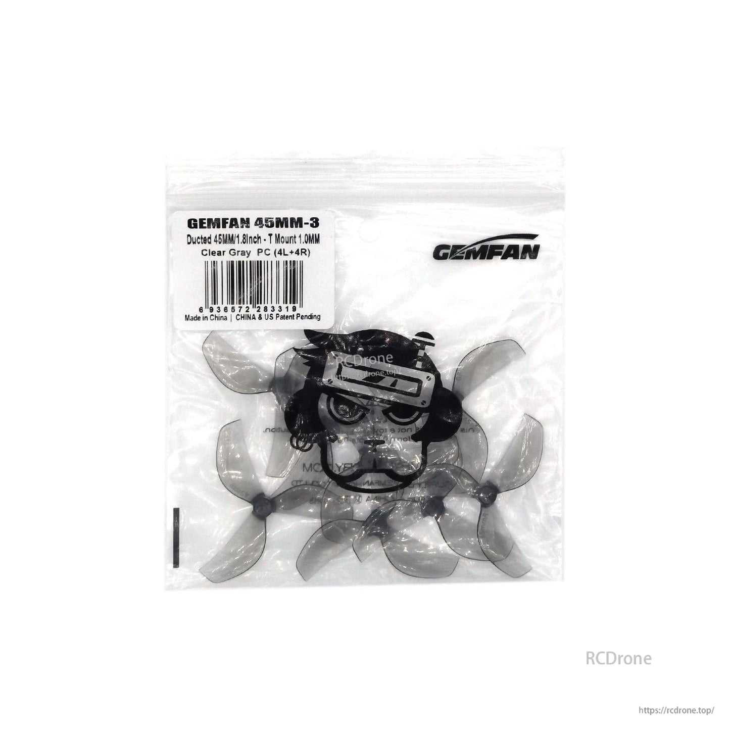 Gemfan 45mm-3 PC 3-blade propeller packaging, clear gray props shown in sealed bag