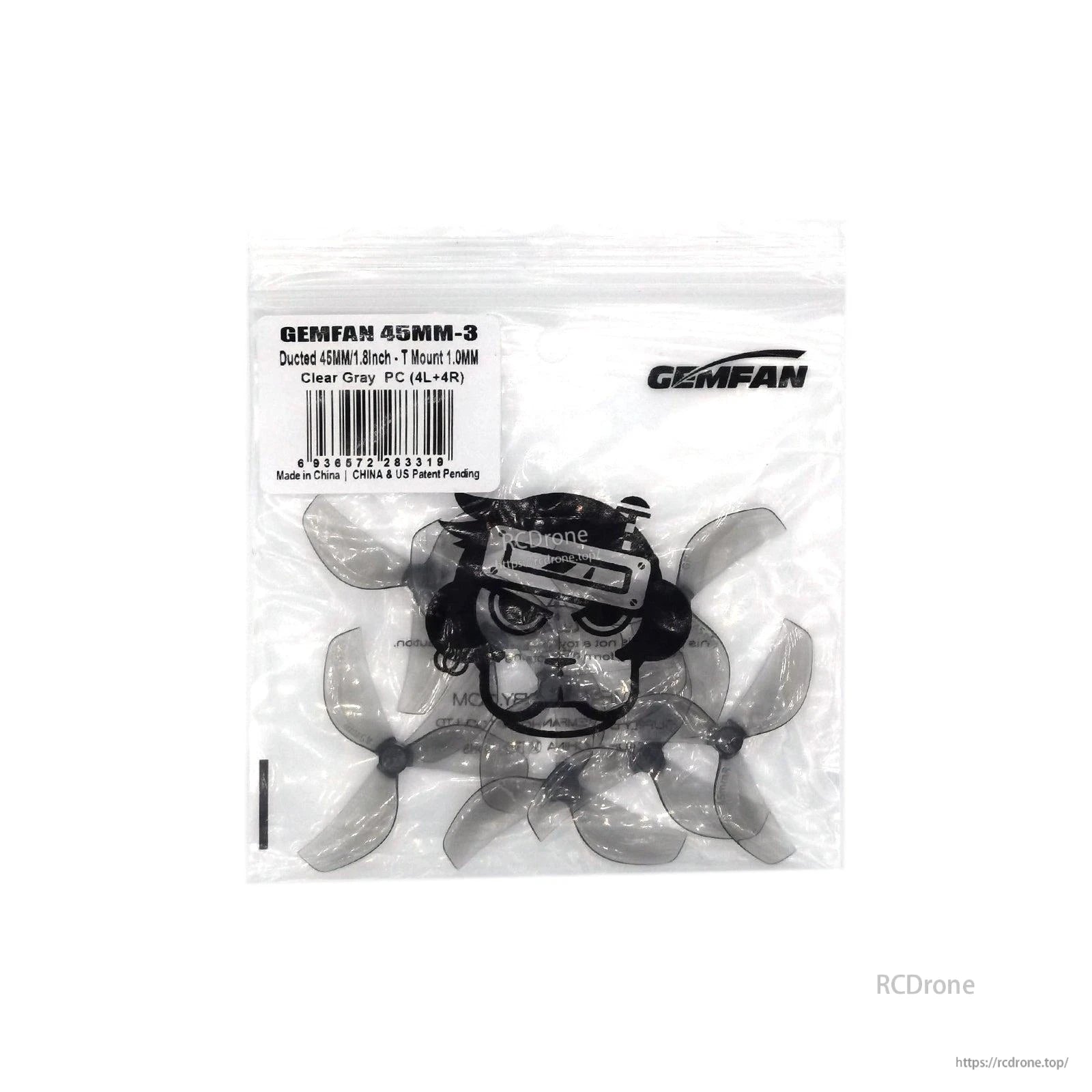 Gemfan 45mm-3 PC 3-blade propeller packaging, clear gray props shown in sealed bag