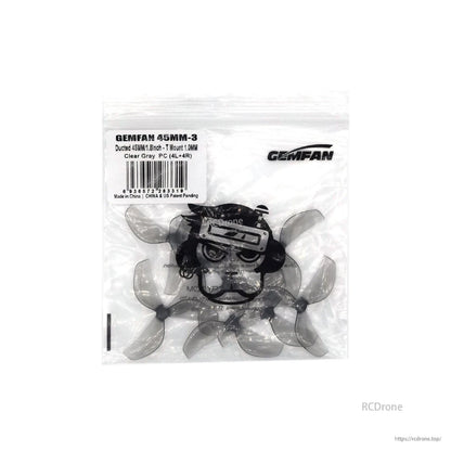 Gemfan 45mm-3 PC 3-blade propeller packaging, clear gray props shown in sealed bag