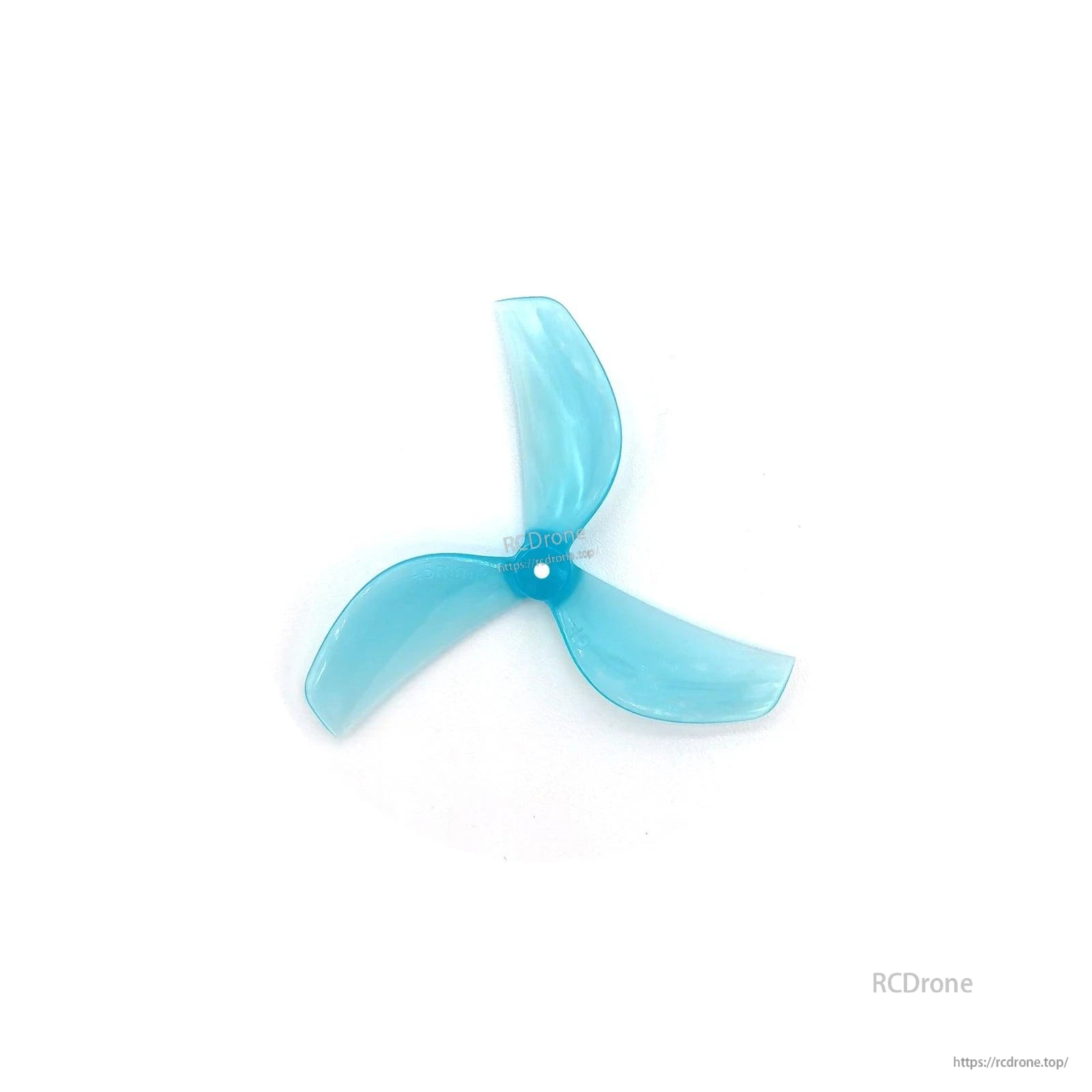 Blue translucent tri-blade propeller, centered top view on white