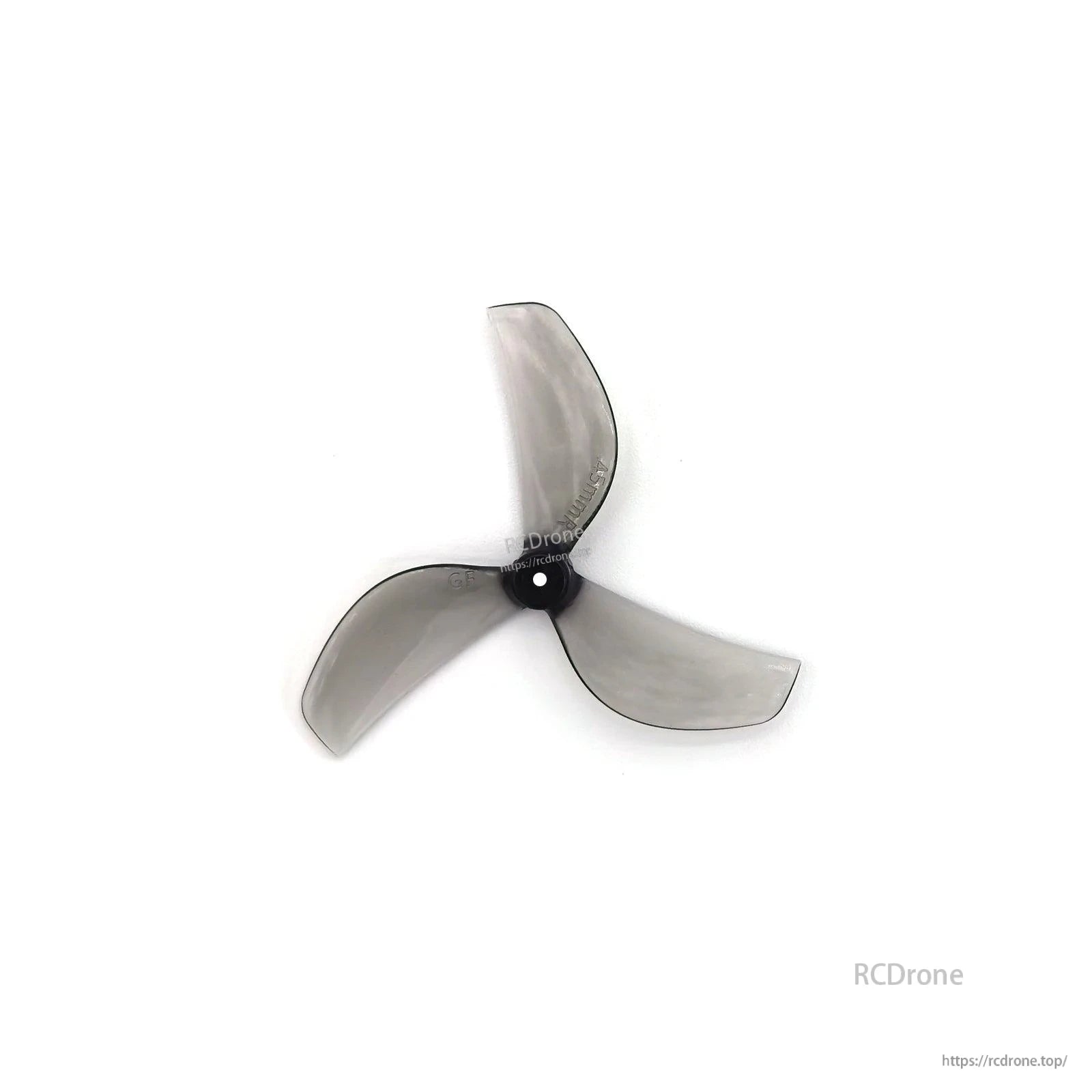 Clear gray tri-blade propeller with black hub, centered top view