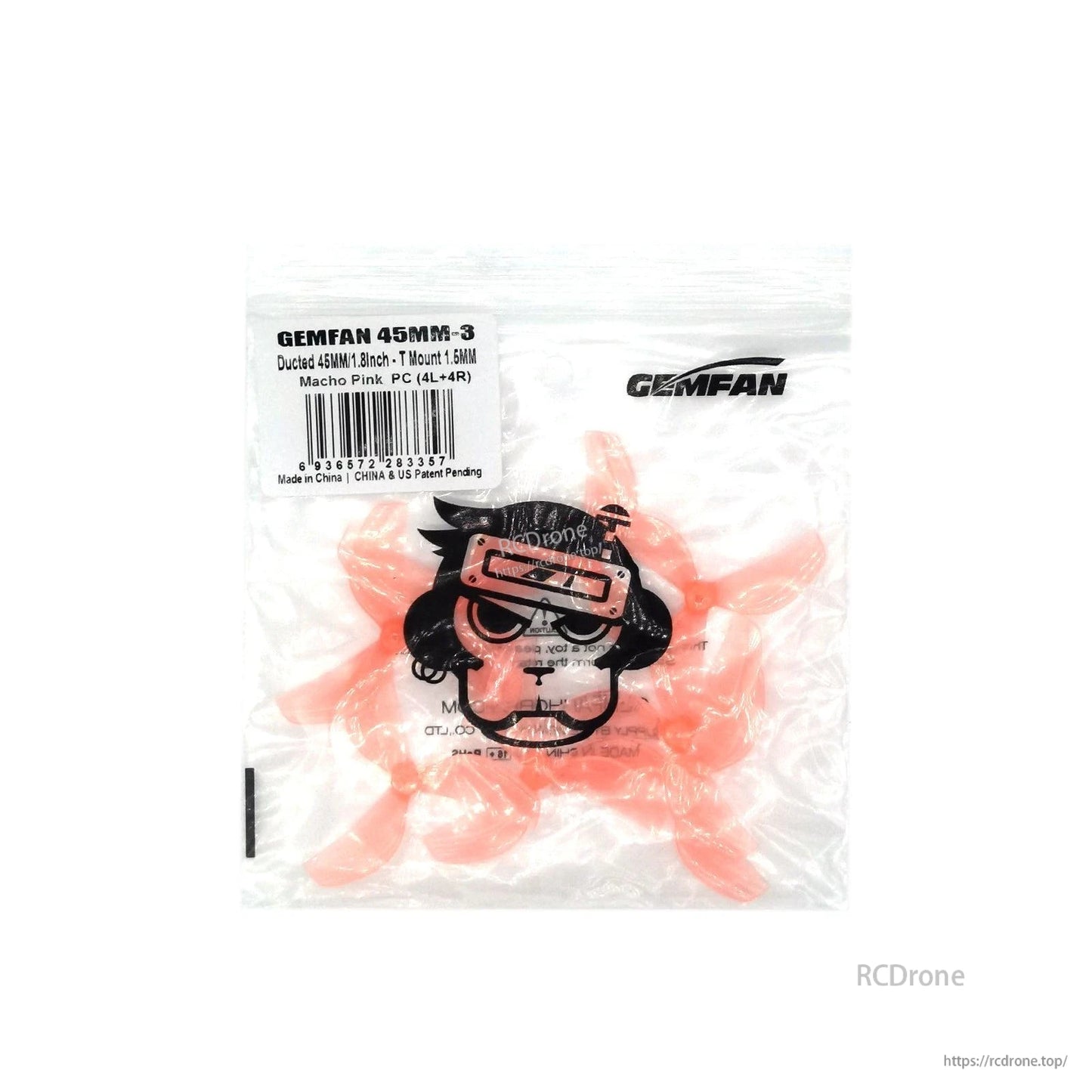 Gemfan 45mm-3 propeller bag with label, light pink translucent 3-blade props inside