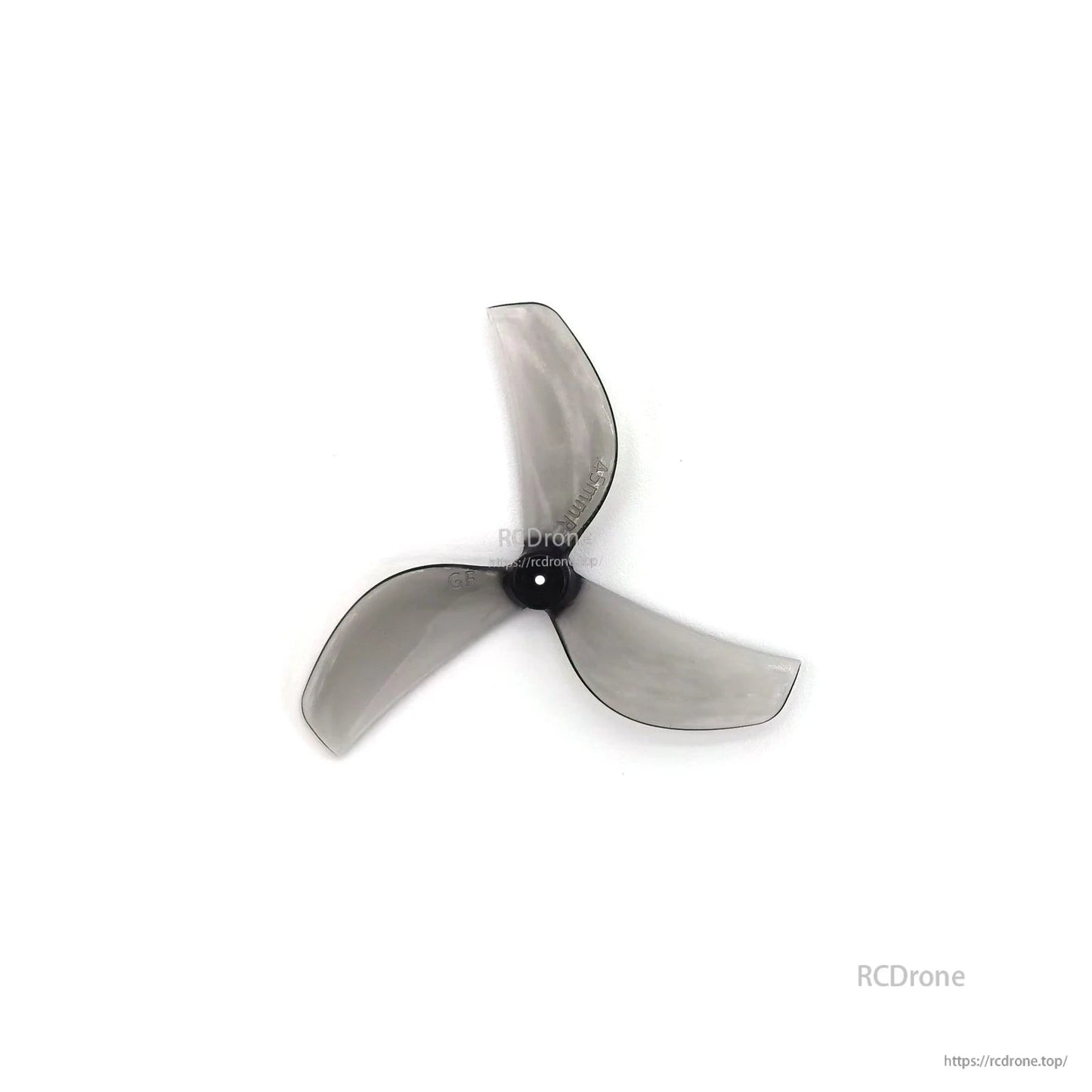 Smoky clear gray 3-blade propeller with black hub, top view on white