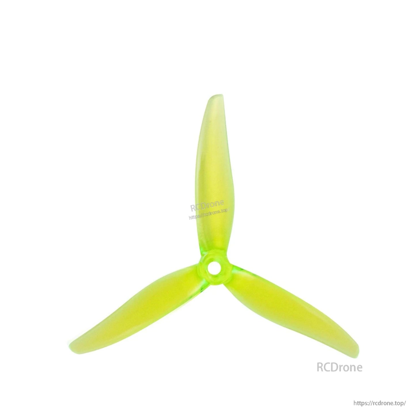 Neon yellow translucent 3-blade propeller close-up with center hub mount hole