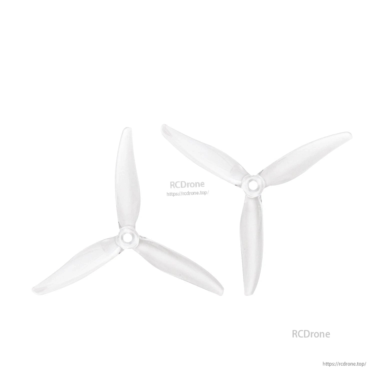 Clear/white 3-blade propellers shown as CW and CCW pair, 5mm center mount holes