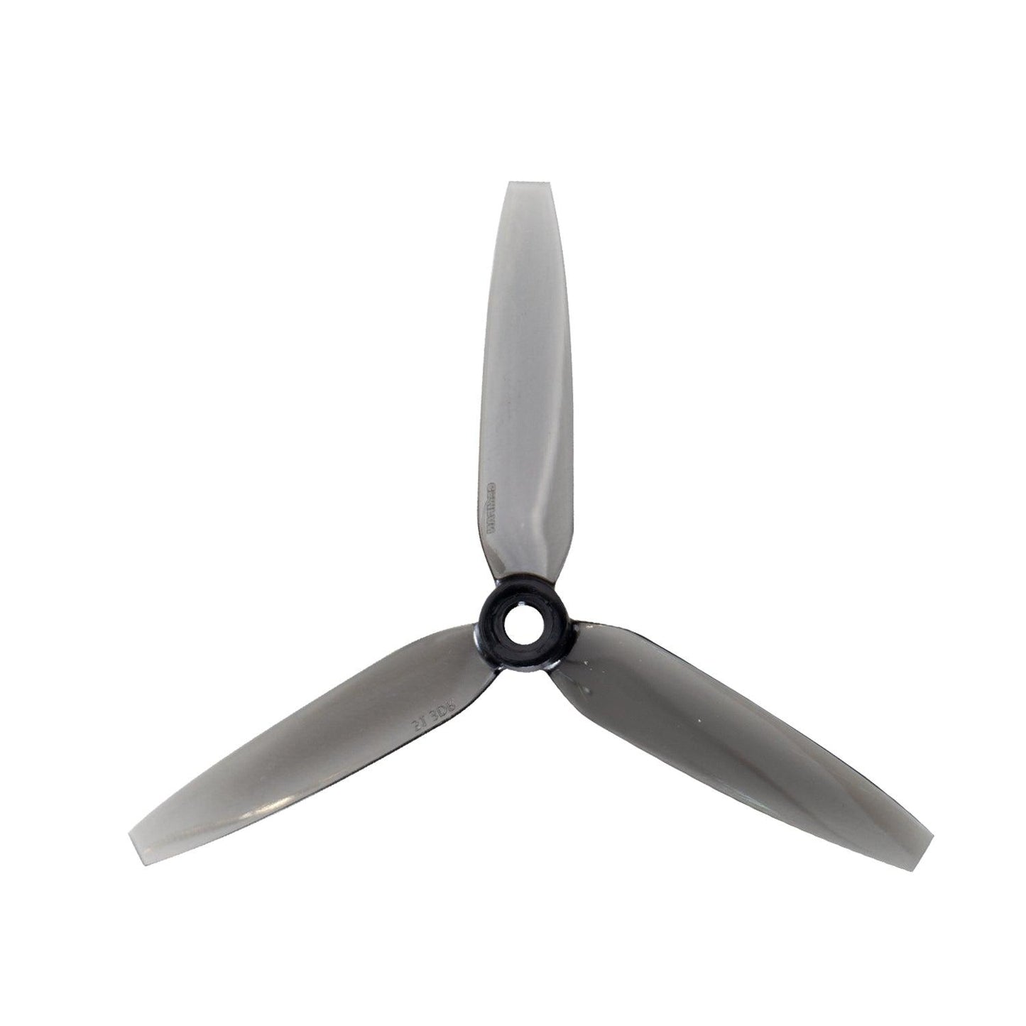 3-blade drone propeller in translucent gray, single prop front view showing center mounting hole