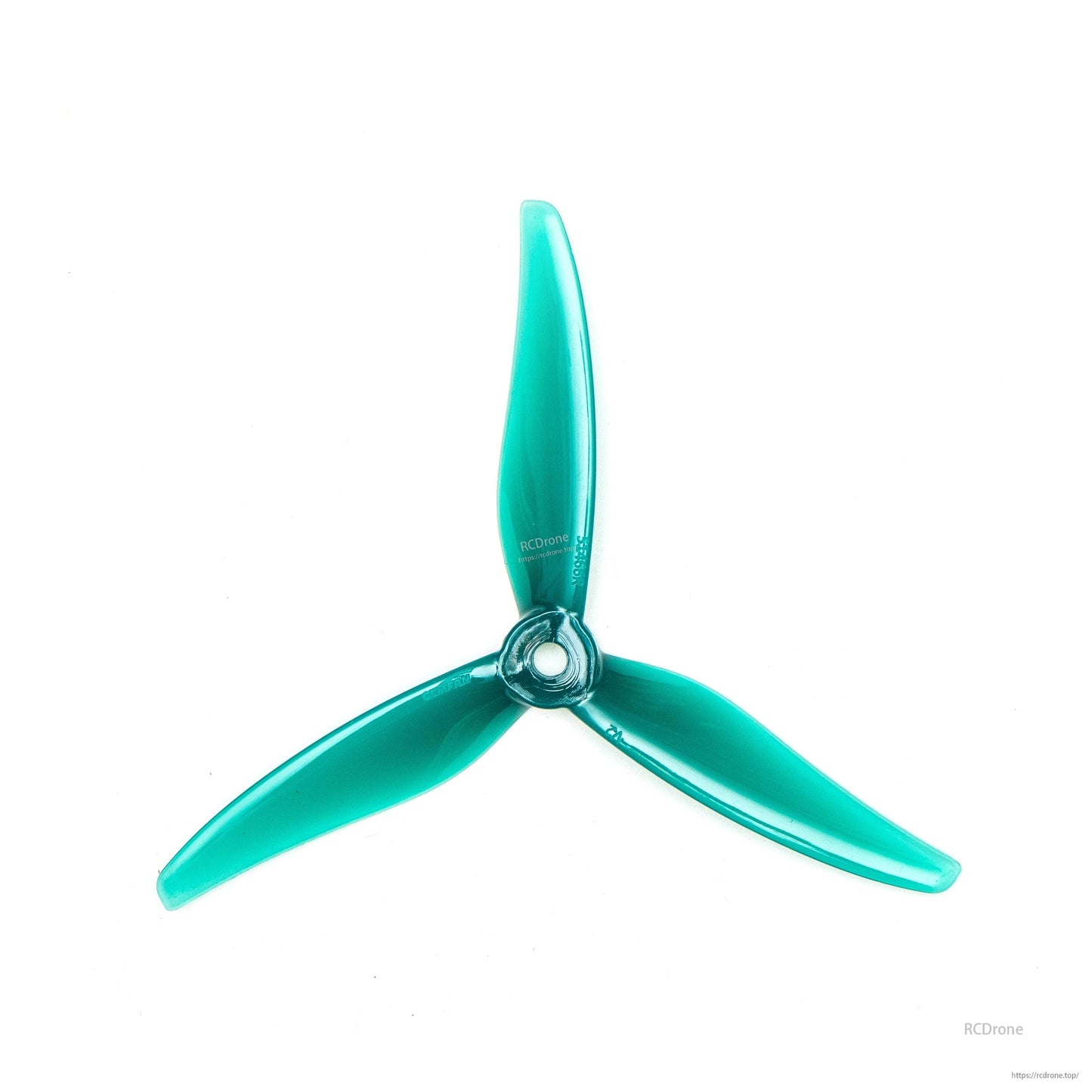 Teal green 3-blade propeller close-up on white background, showing center hub and blades