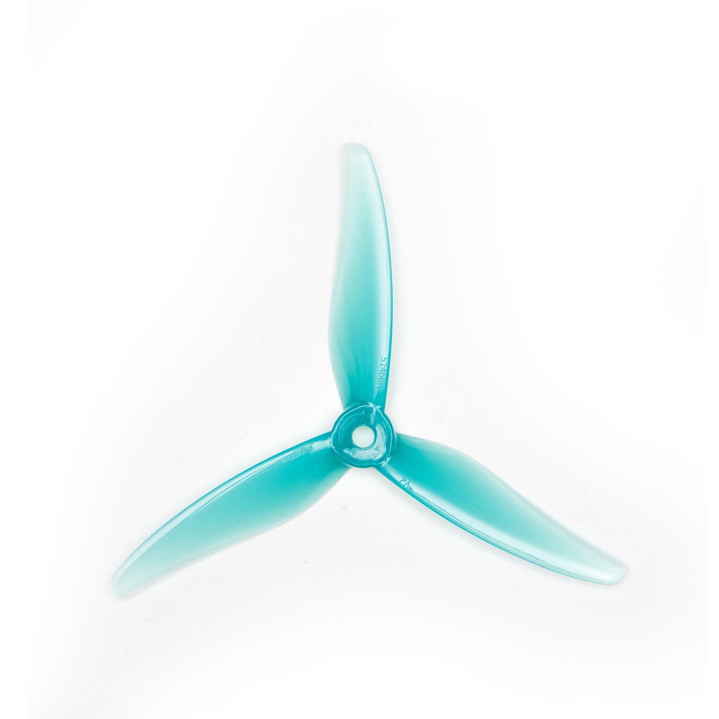 Gemfan 51466 V2 Racing PC 3-blade propeller close-up, translucent blue with center hub hole