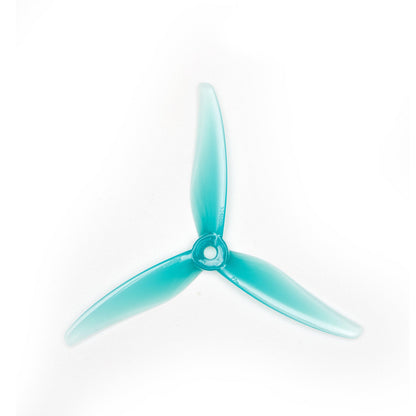 Gemfan 51466 V2 Racing PC 3-blade propeller close-up, translucent blue with center hub hole